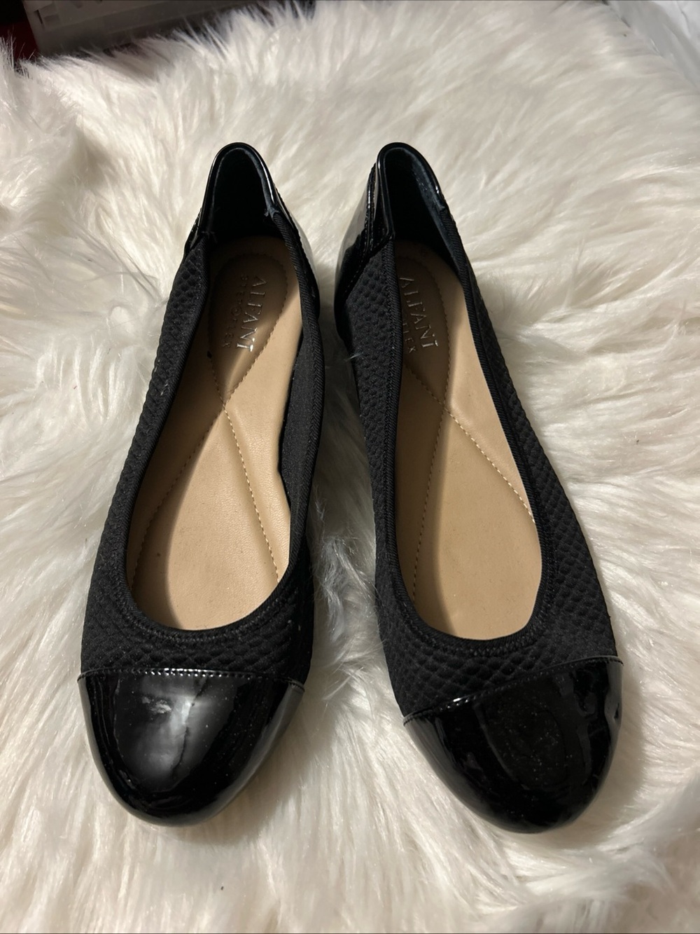 Alfani Black Quilted Ballet Flats with Patent Cap Toe